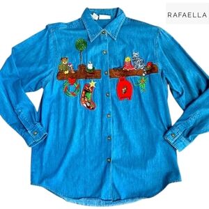 RAFAELLA Vintage Chambray Embroidered Christmas Denim Shirt Size Small